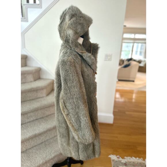 Vintage Faux Fur Taupe Brown Toggle Button Hooded Coat - Picture 10 of 12